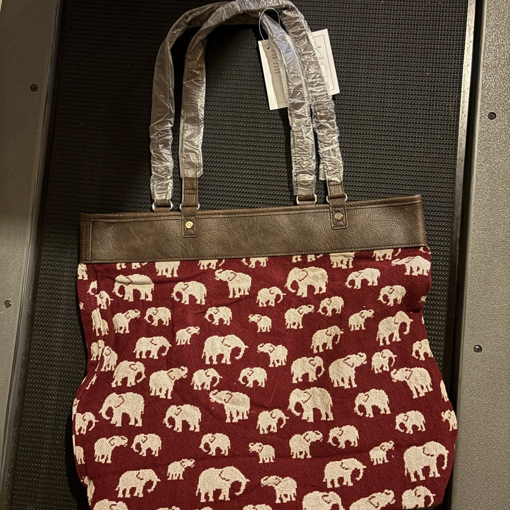 Elephant Patterned Tote Bag - Burgundy and Brown reversible